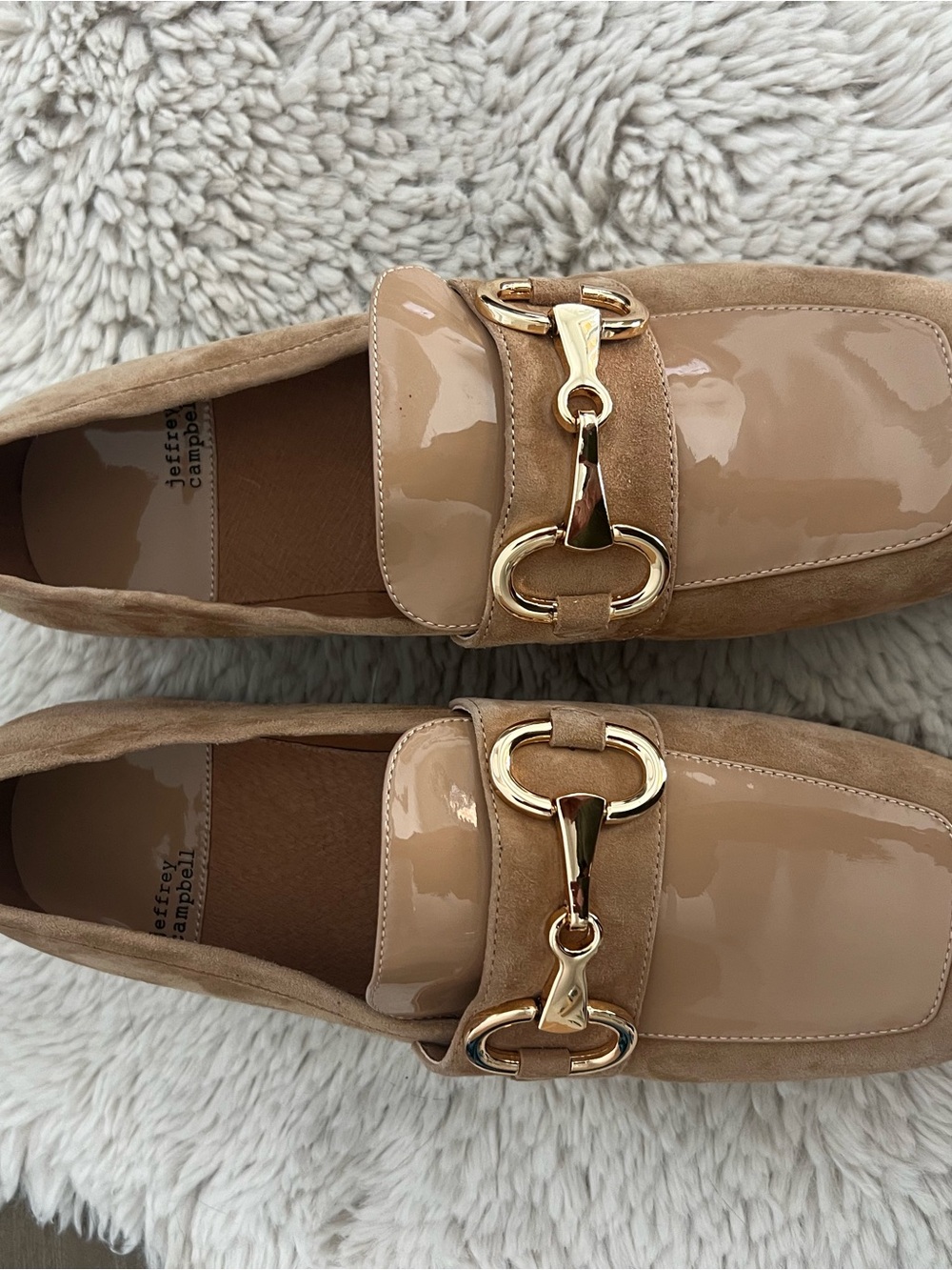 Jeffrey Campbell Nude Patent & Suede Loafers with Gold Bit